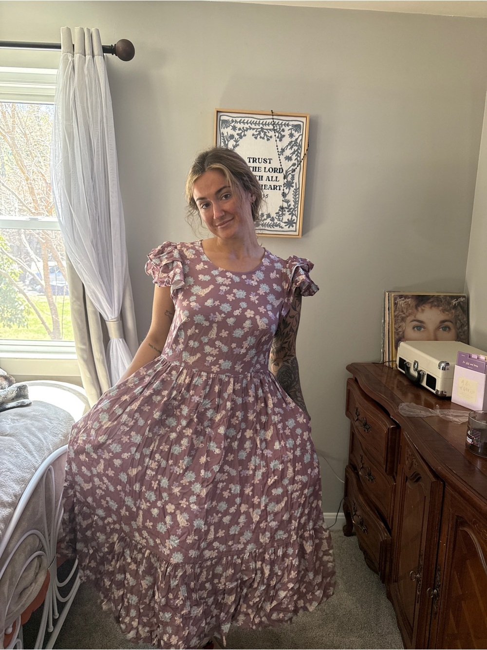 Floral Disney Ruffle-Sleeve Midi Dress in Mauve